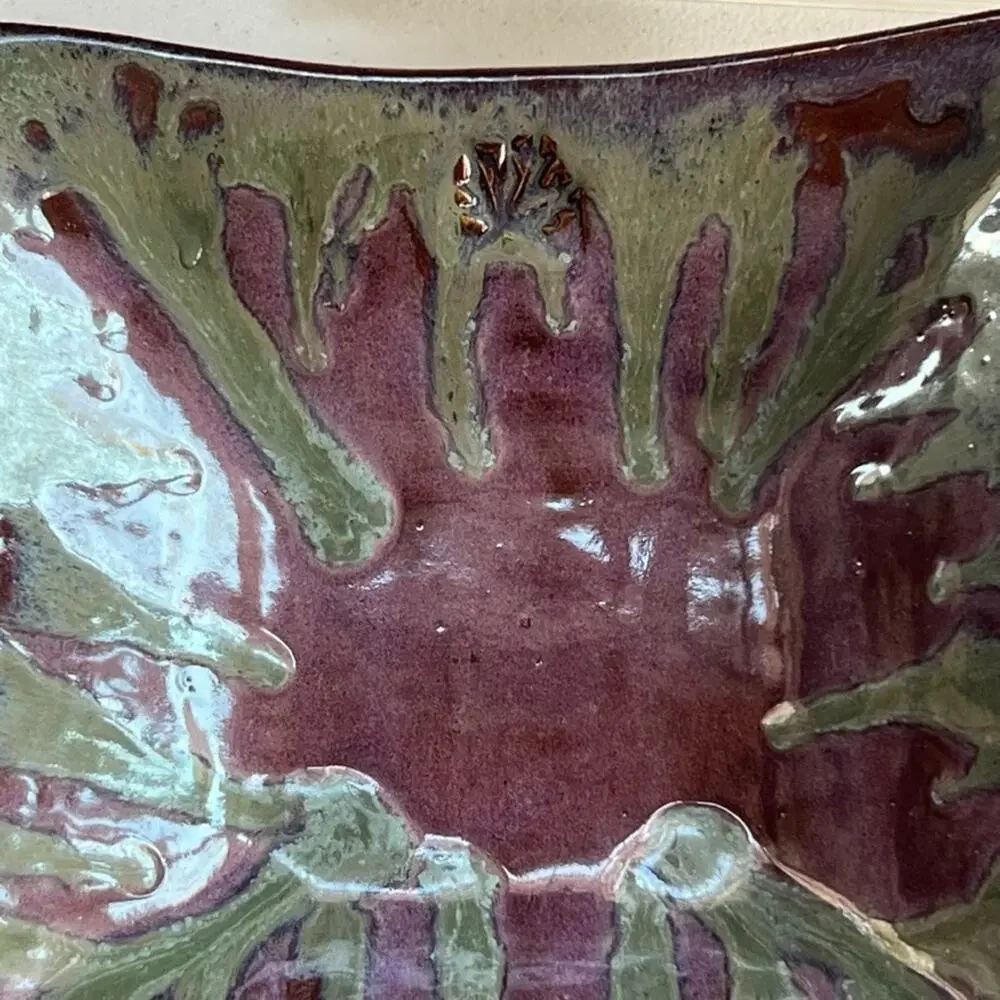 Signed Studio Art Trinket Tray Large Raised Square 9 x 1.5in Purple & Green Drip